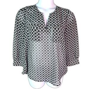 Gap Sheer Geometric Print Blouse Navy White Large Split Neck Utility Pockets